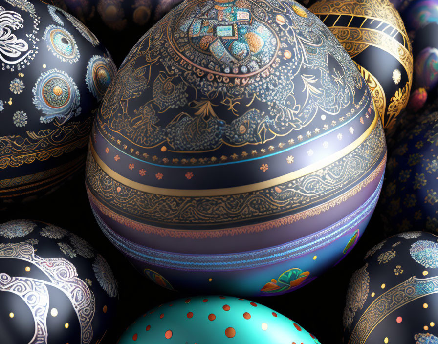 Intricate Patterned Decorative Eggs with Gold Accents