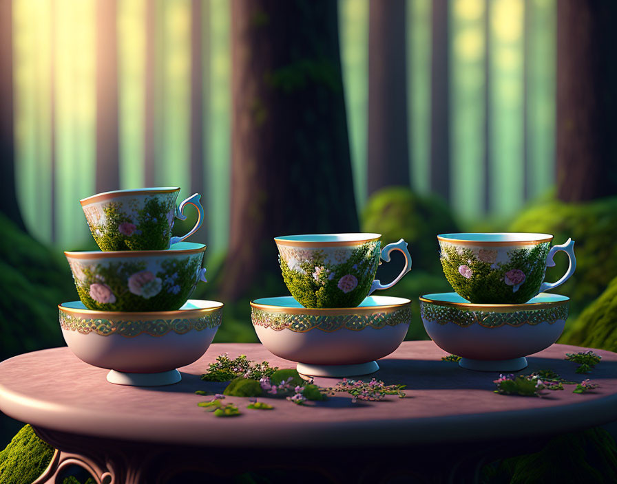 Ornate floral pattern teacups on wooden table in sunlit forest.