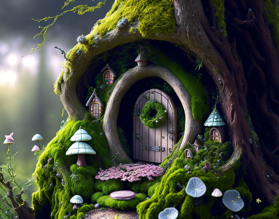 Illustration of Moss-Covered Tree Trunk with Round Door and Mushroom Accents