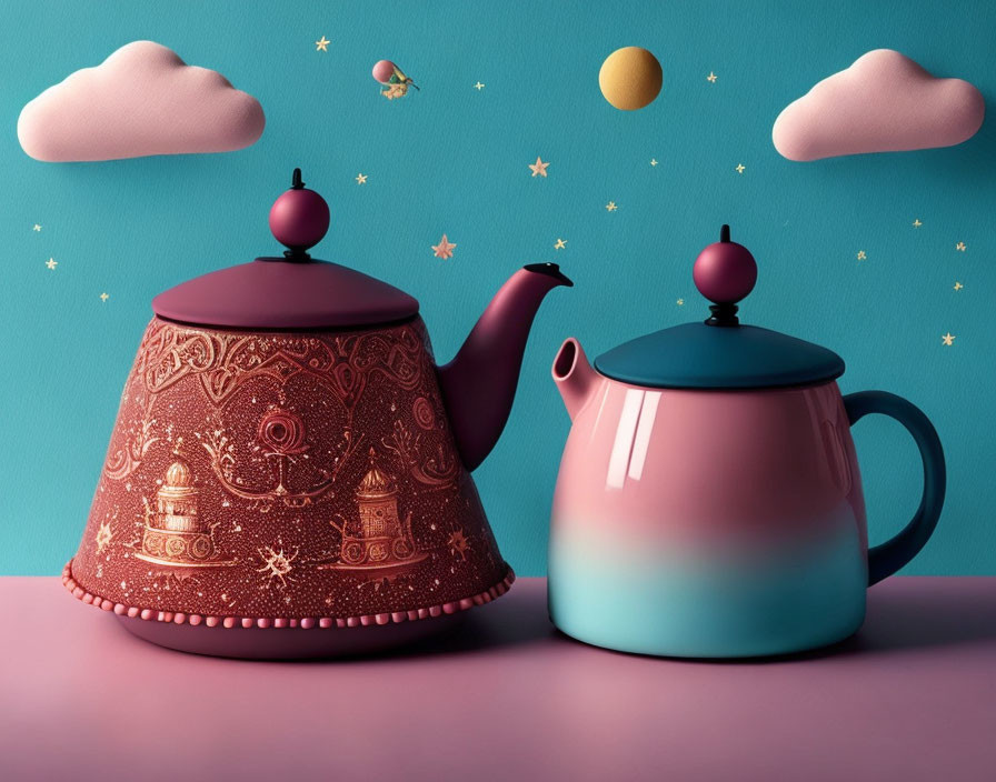 Stylized teapots with intricate patterns on pink surface, one red and ornate, the