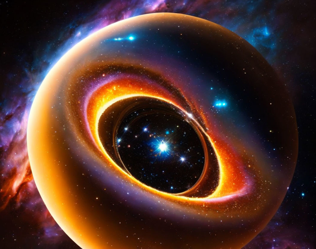 Illustration of vibrant black hole with glowing accretion disk in deep space