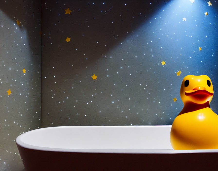 Rubber Duck on Bathtub Edge with Starry Night Theme