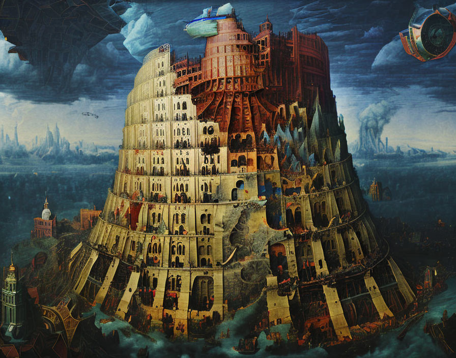 Futuristic digital artwork with Tower of Babel and flying saucers under stormy sky