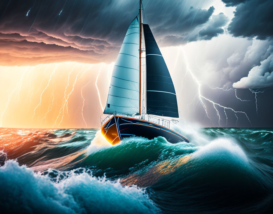 Sailboat navigating turbulent seas under dramatic lightning-filled sky