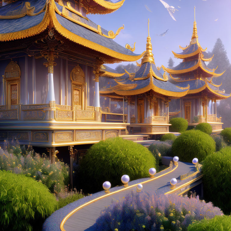 Fantastical Asian-style temple with golden roofs amidst lavender bushes and floating orbs