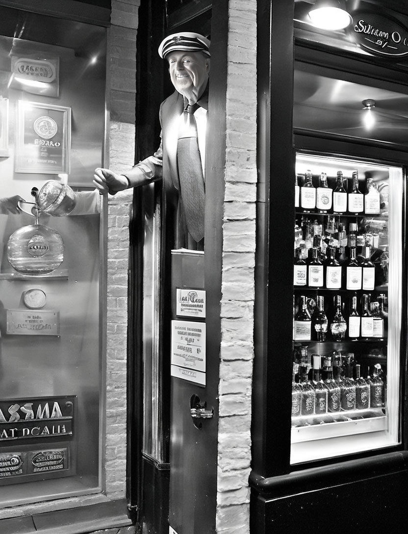 Monochrome image of smiling doorman at restaurant entrance