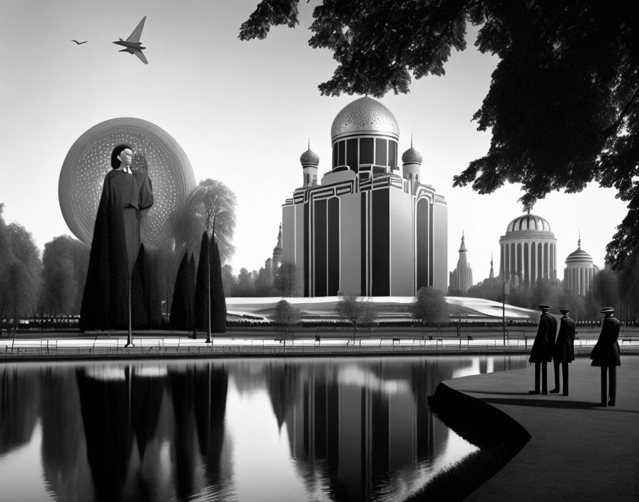 Monochrome image of futuristic architecture, statue, water body, people, and plane