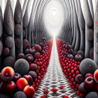 Symmetrical digital artwork with path, bright light, trees, and red fruits