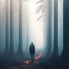 Mysterious figure in hat and coat in mystical forest with glowing trees.