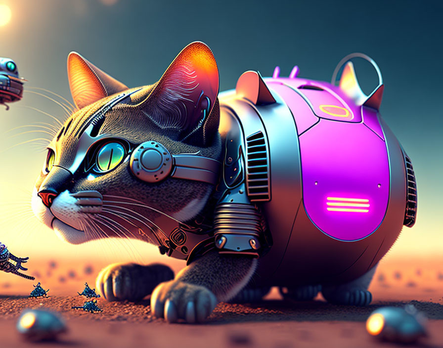 Futuristic cyborg cat with mechanical eye and drones in desert landscape