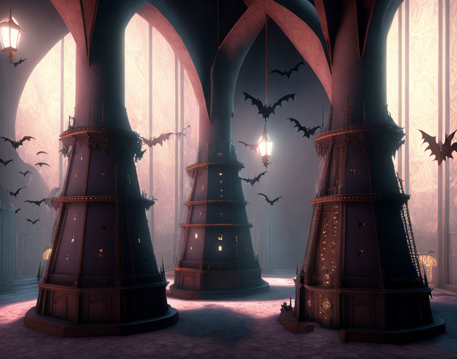 Gothic Interior with Towering Pillars and Flying Bats