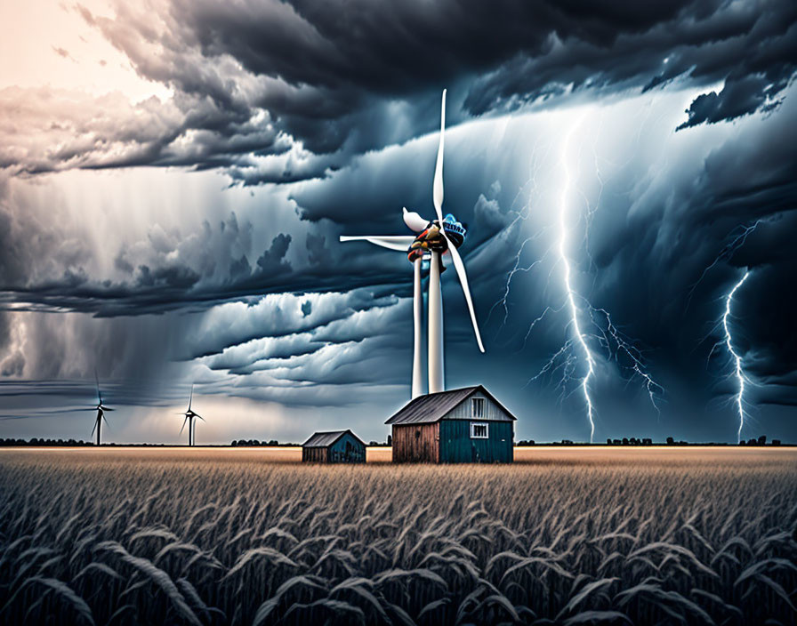 Wind turbines in wheat field under stormy sky with lightning.