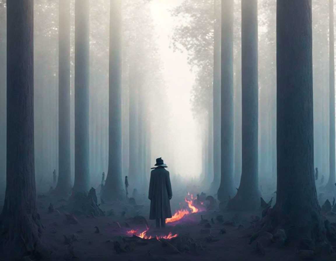 Mysterious figure in hat and coat in mystical forest with glowing trees.