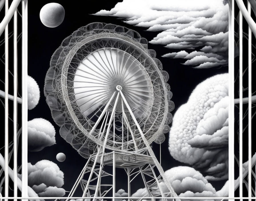 Monochromatic Ferris Wheel Illustration with Celestial Theme