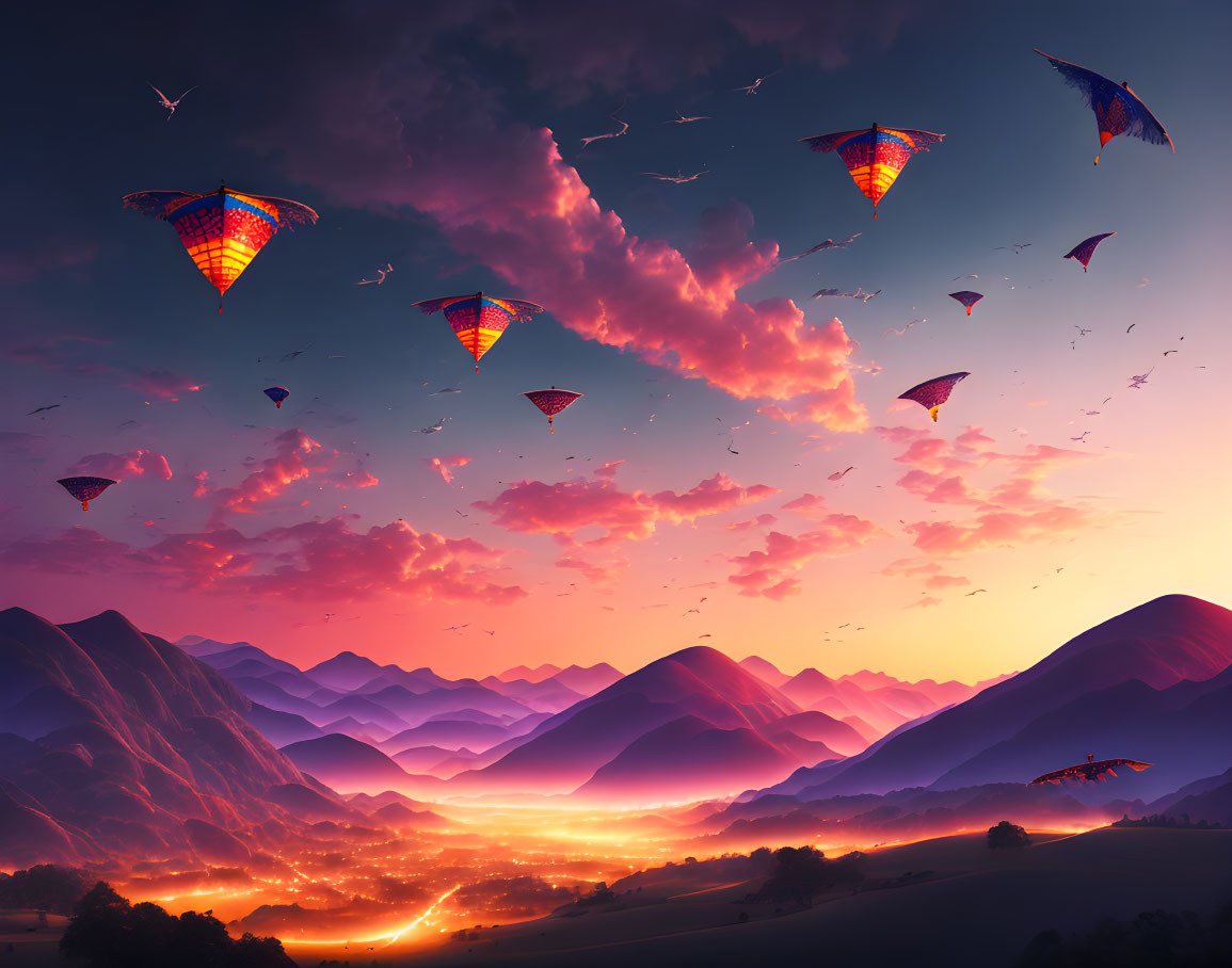 Colorful sunset over mountains with lit streets and hang gliders in sky