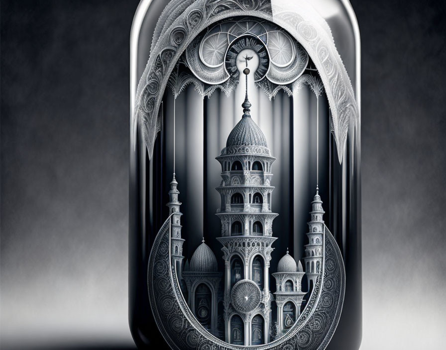 Detailed Monochromatic Fantasy Palace with Ornate Towers and Arches