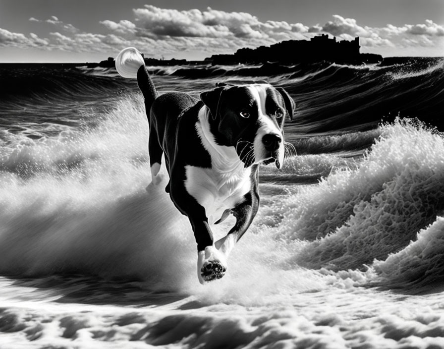 Monochrome image of dog running on beach with crashing waves and cloudy sky