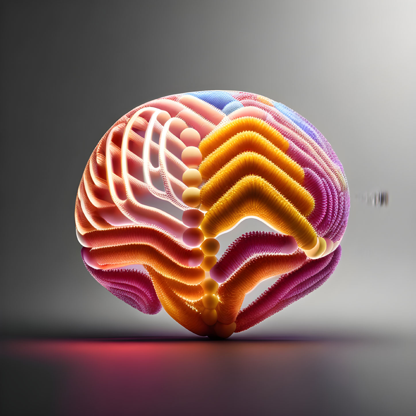 Vibrant stylized brain with intricate folds in pink, orange, yellow, and purple