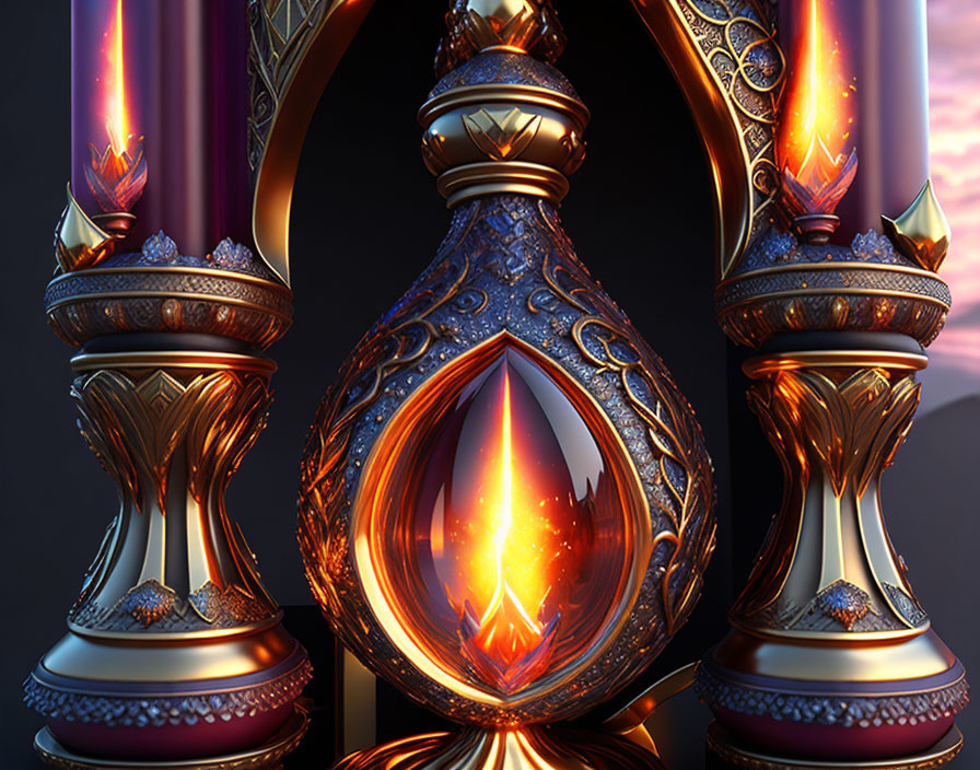 Three ornate fantasy-style hourglasses with glowing orange centers on reflective surface.