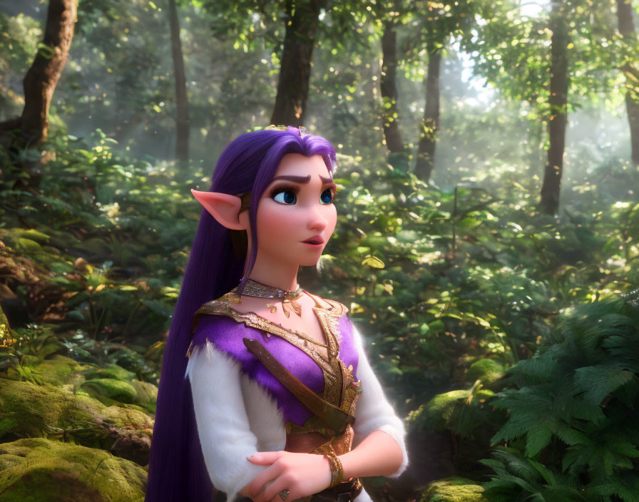 Purple-haired animated elf in mystical forest with serene sunlight.