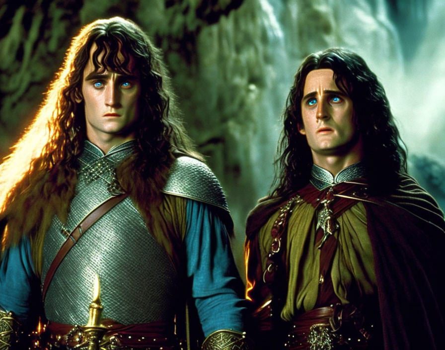 Fantasy characters in medieval armor with long hair in mystical cave setting