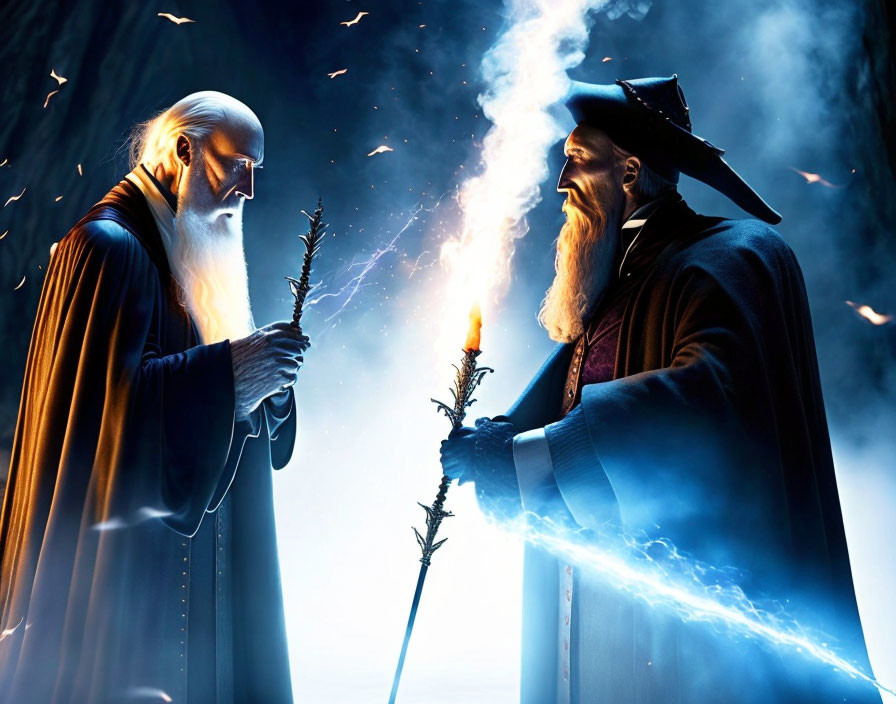 Wizards casting spells in mystical duel with blue glow and sparks