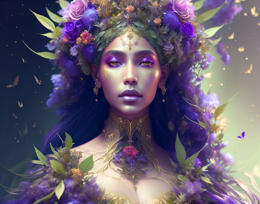 Portrait of a woman with purple flowers, golden jewelry, and butterflies in ethereal setting