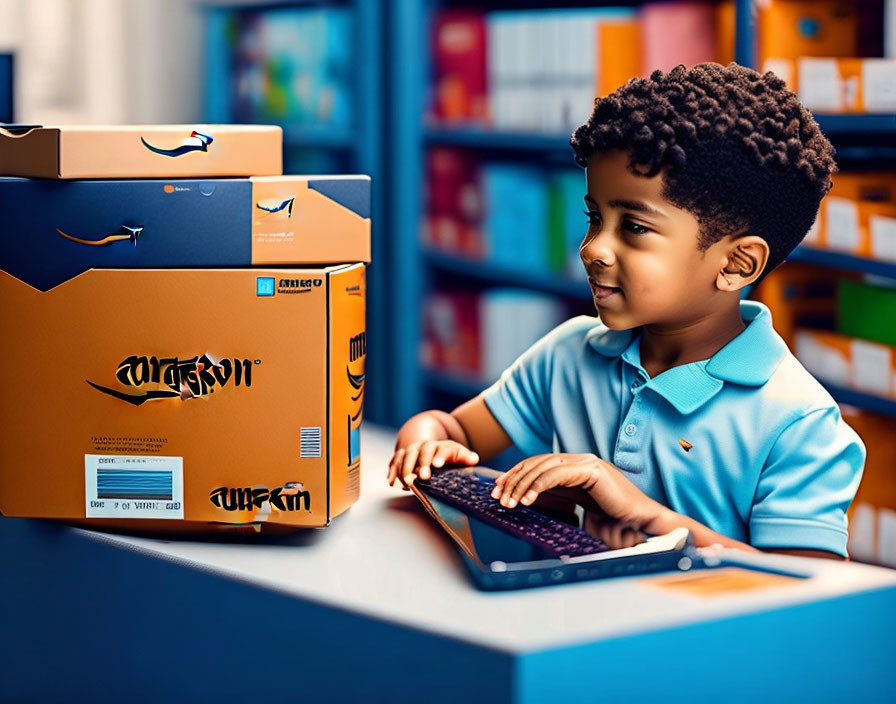 Curly-Haired Boy Smiling with Laptop in Colorful Room