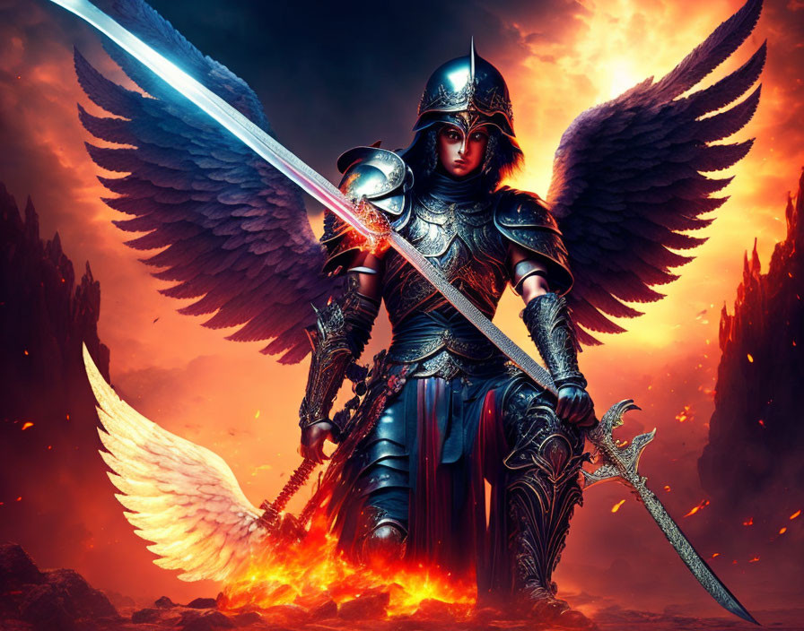 Winged armored warrior with sword in fiery landscape