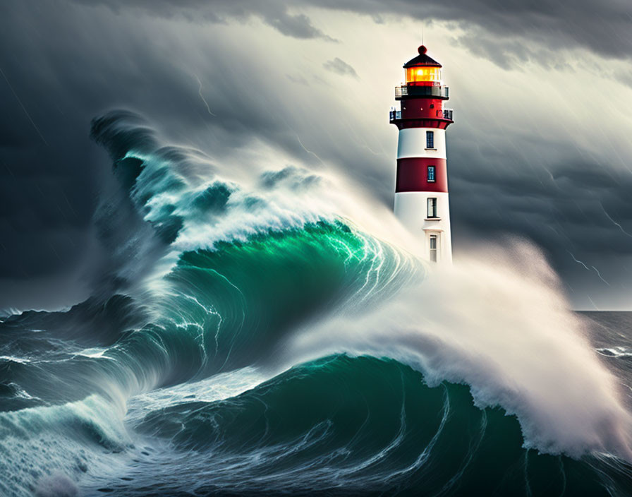 Towering lighthouse in stormy sea with dark sky