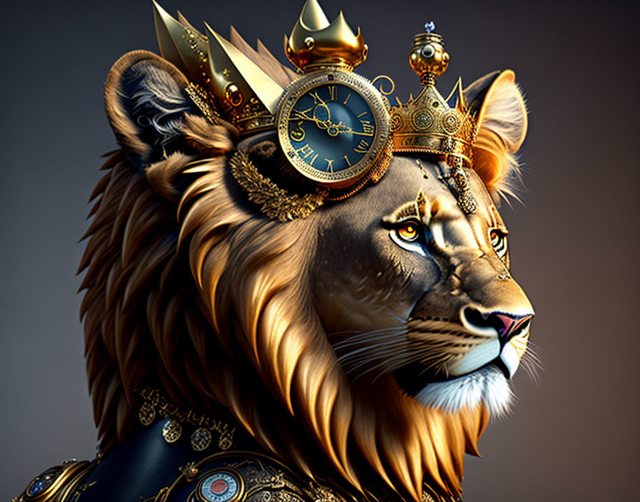 Regal Lion with Crown and Timepiece Symbolizing Nobility