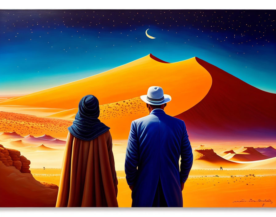 Two individuals in desert landscape at twilight with orange dunes and starry sky