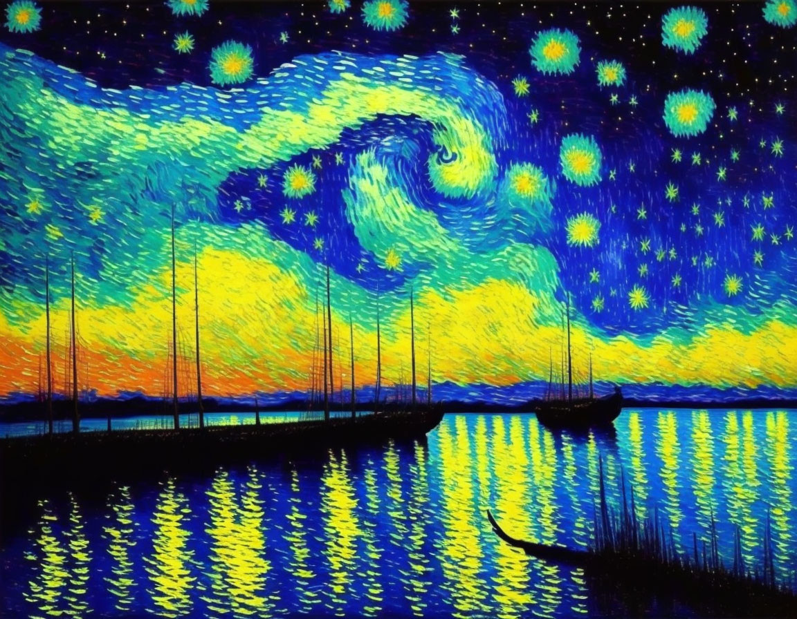 Starry Night Sky Painting with Sailboats and Pier