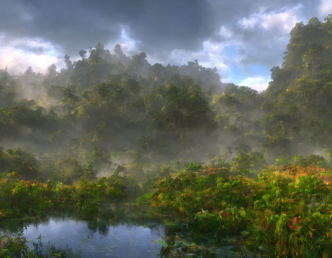 Tranquil forest scene with lush greenery, morning mist, serene pond, sunlight filtering.