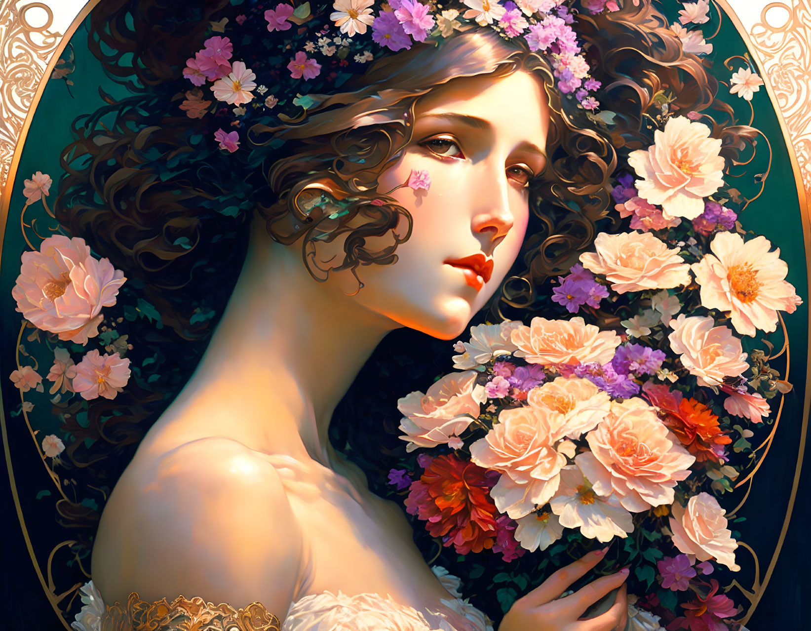 Digital artwork: Woman with floral wreath, vibrant flowers, ornate circular backdrop