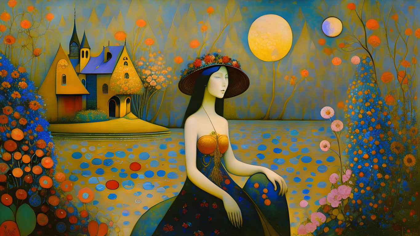 Surreal landscape painting of woman with floral hat, house, flowers, and moons