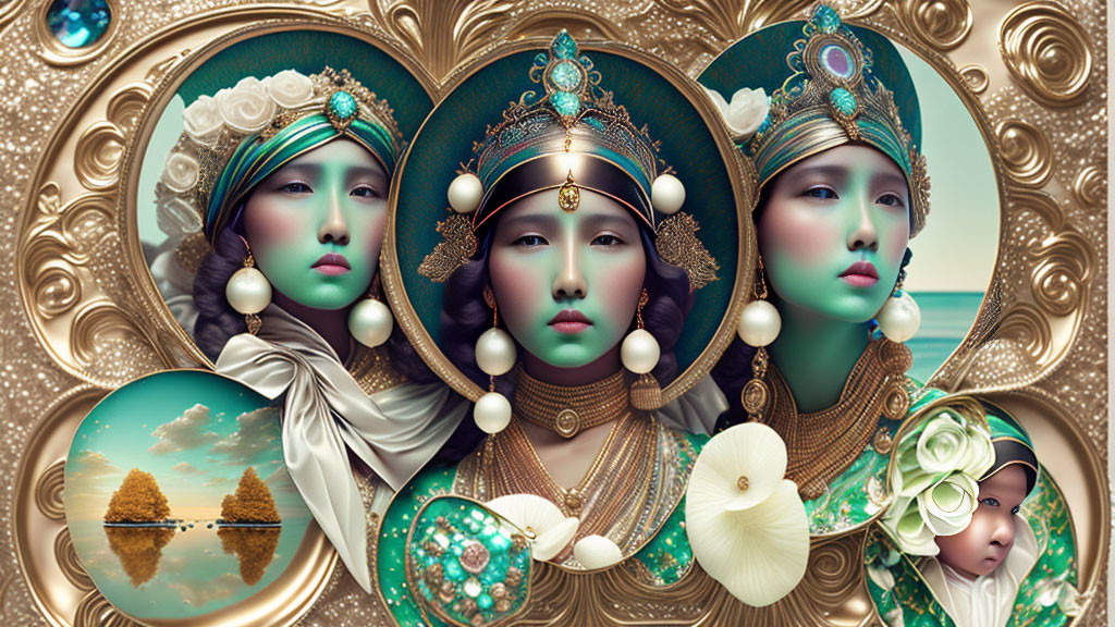 Three stylized portraits of women with ornate headdresses and jewelry in a fantasy setting