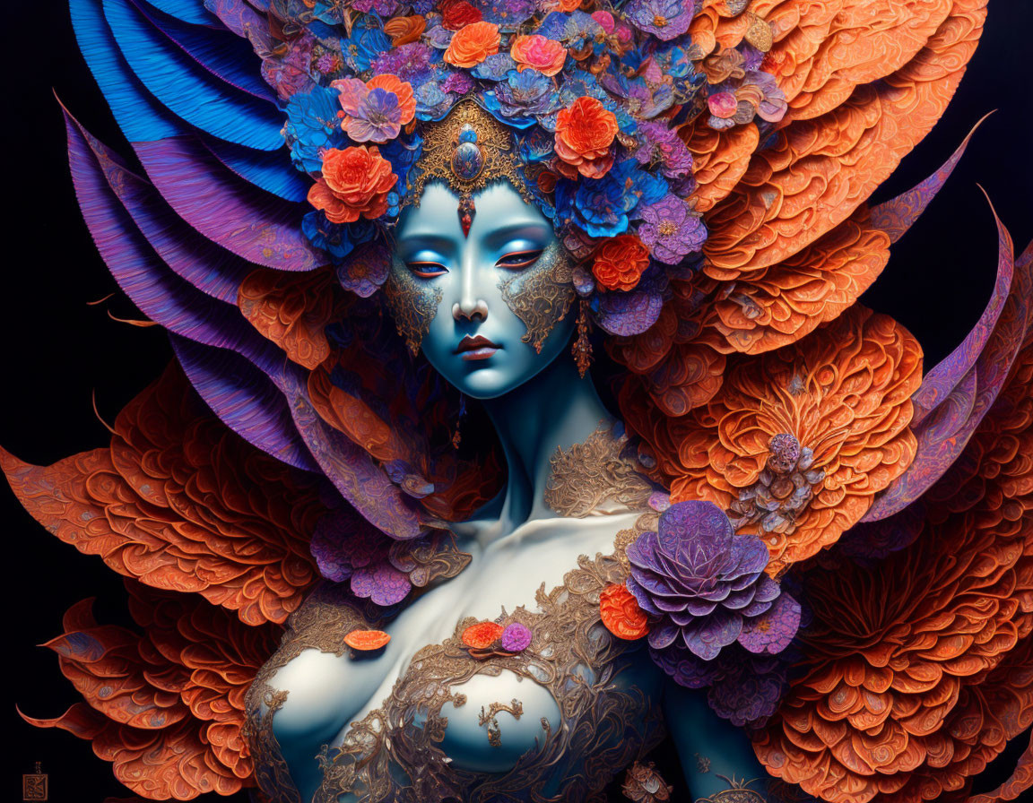 Blue-skinned figure with ornate orange headpiece and floral body adornments on dark background