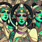 Three stylized portraits of women with ornate headdresses and jewelry in a fantasy setting