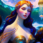 Red-haired mermaid surrounded by glowing jellyfish and coral in underwater scene