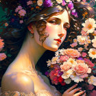 Digital artwork: Woman with floral wreath, vibrant flowers, ornate circular backdrop