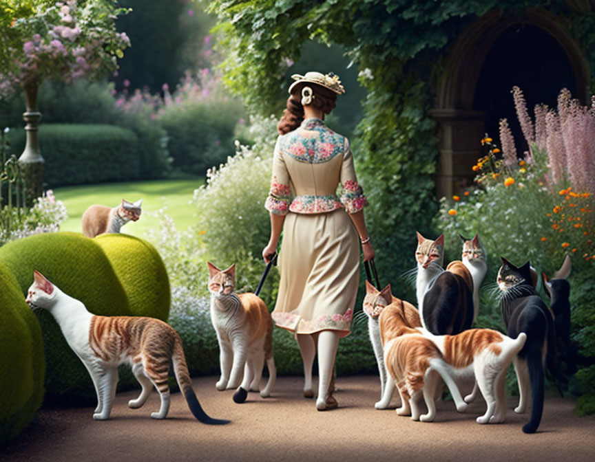 Vintage Attire Woman Walking Through Garden Archway with Cats