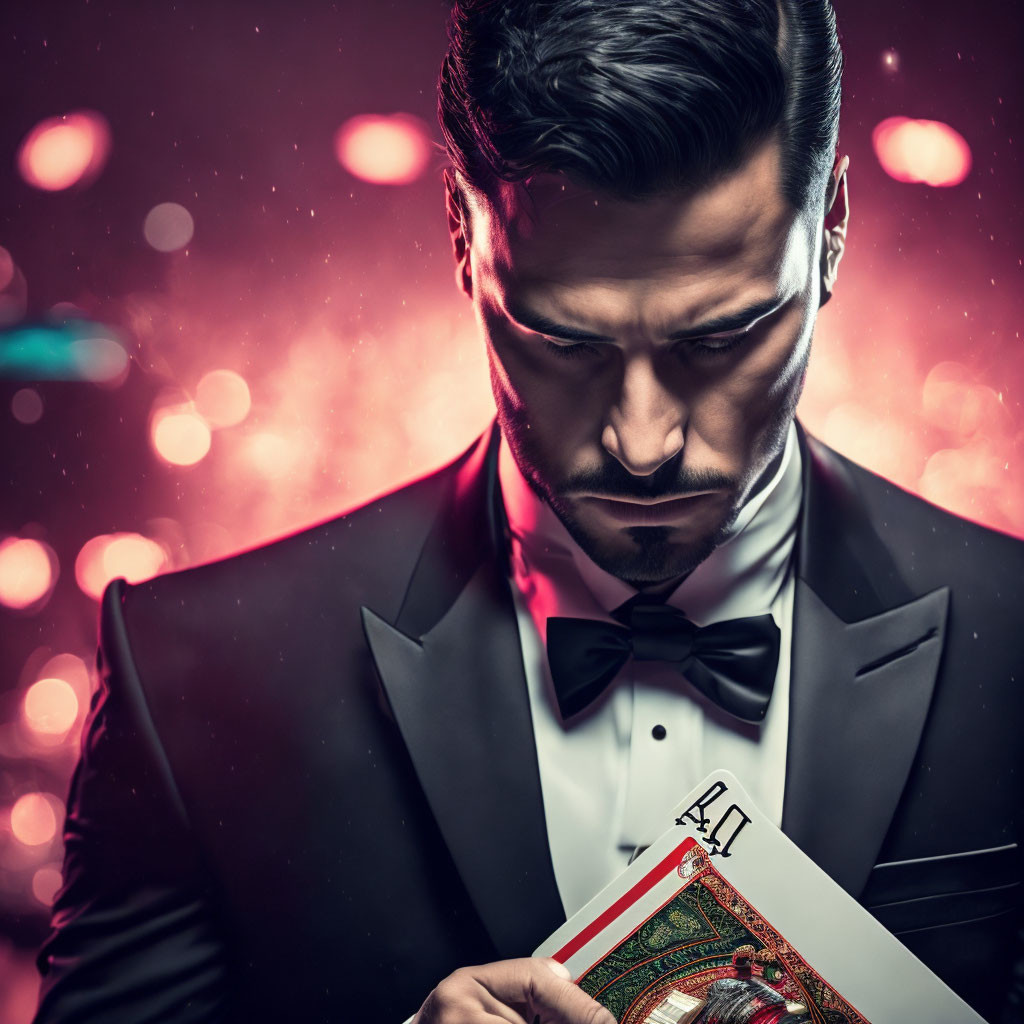 Man in Tuxedo Holding Playing Card with Red Glow