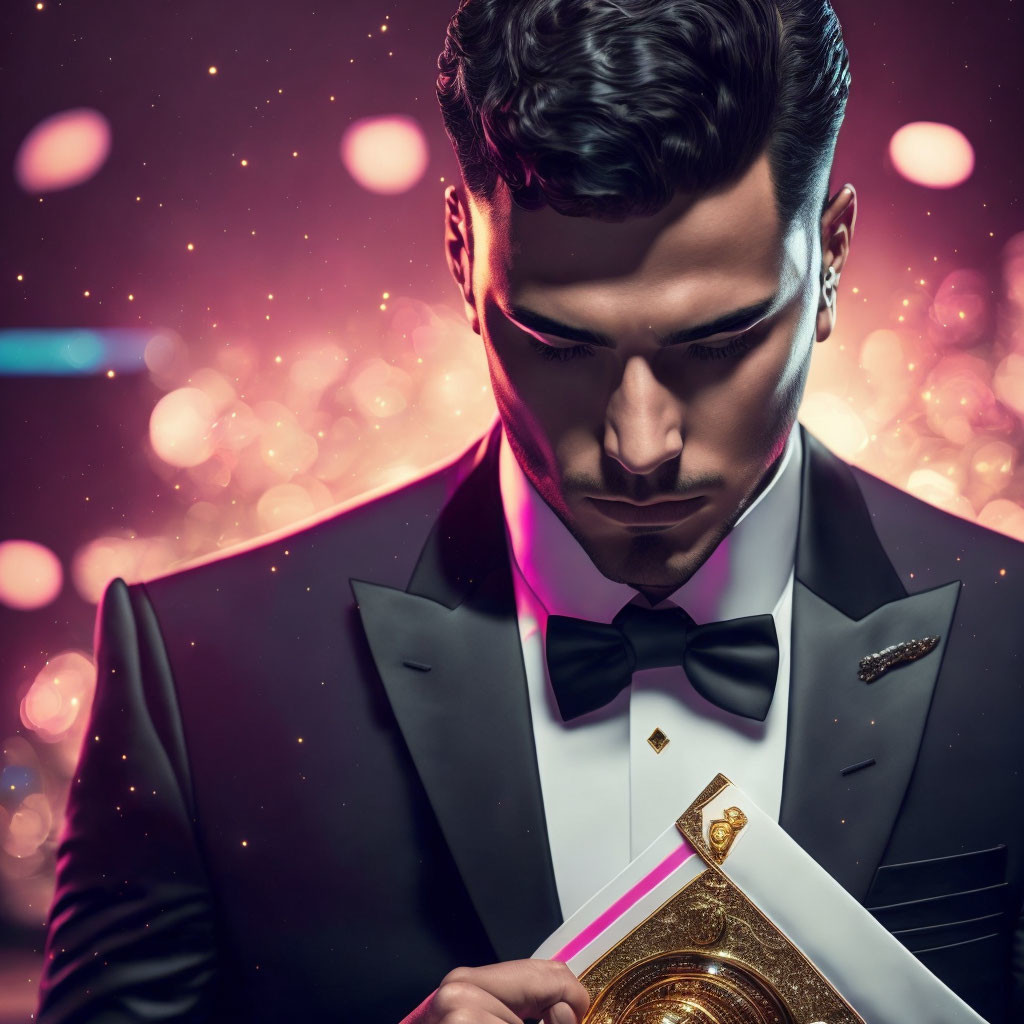 Man in sophisticated tuxedo holding award with golden pocket square on bokeh background