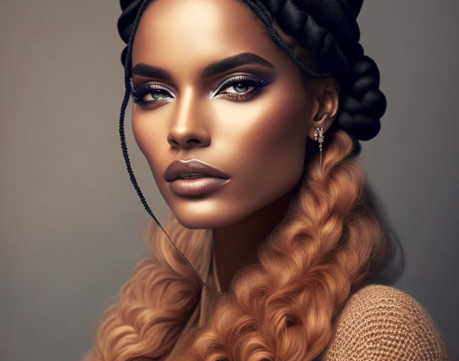 Woman with dramatic makeup and braided hair in elegant pose.