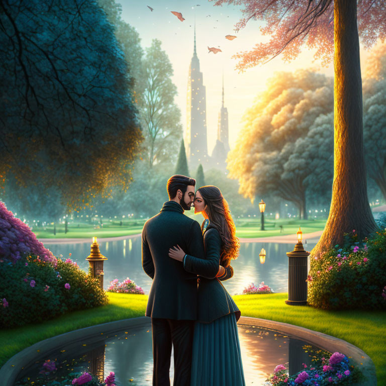 Romantic Couple Embracing in Lush Park at Dusk