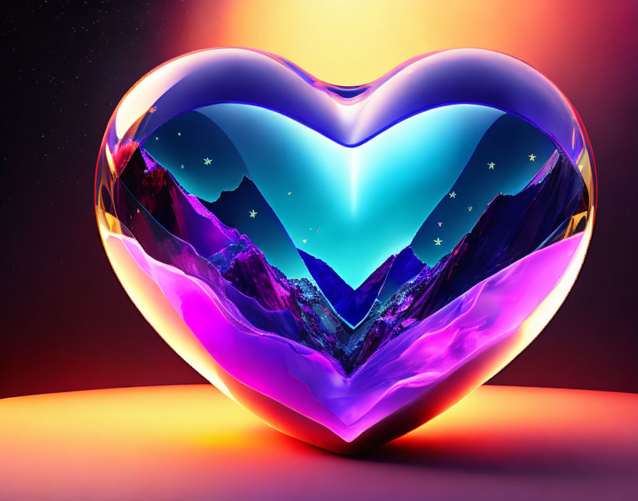 Colorful Mountain Landscape Reflected in Heart-Shaped Crystal