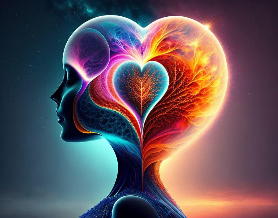 Vibrant digital artwork: Two profiles creating heart shape with colorful tree of life on cosmic background