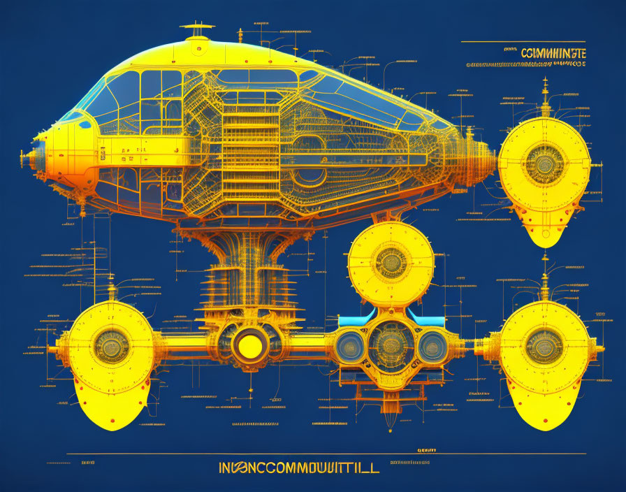 Detailed Futuristic Spacecraft Blueprint on Blue Background