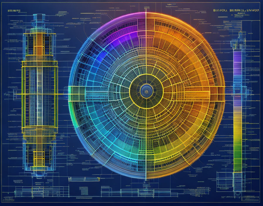 Detailed Colorful Schematic Illustration of Radial and Linear Diagrams with Annotations and Measurements